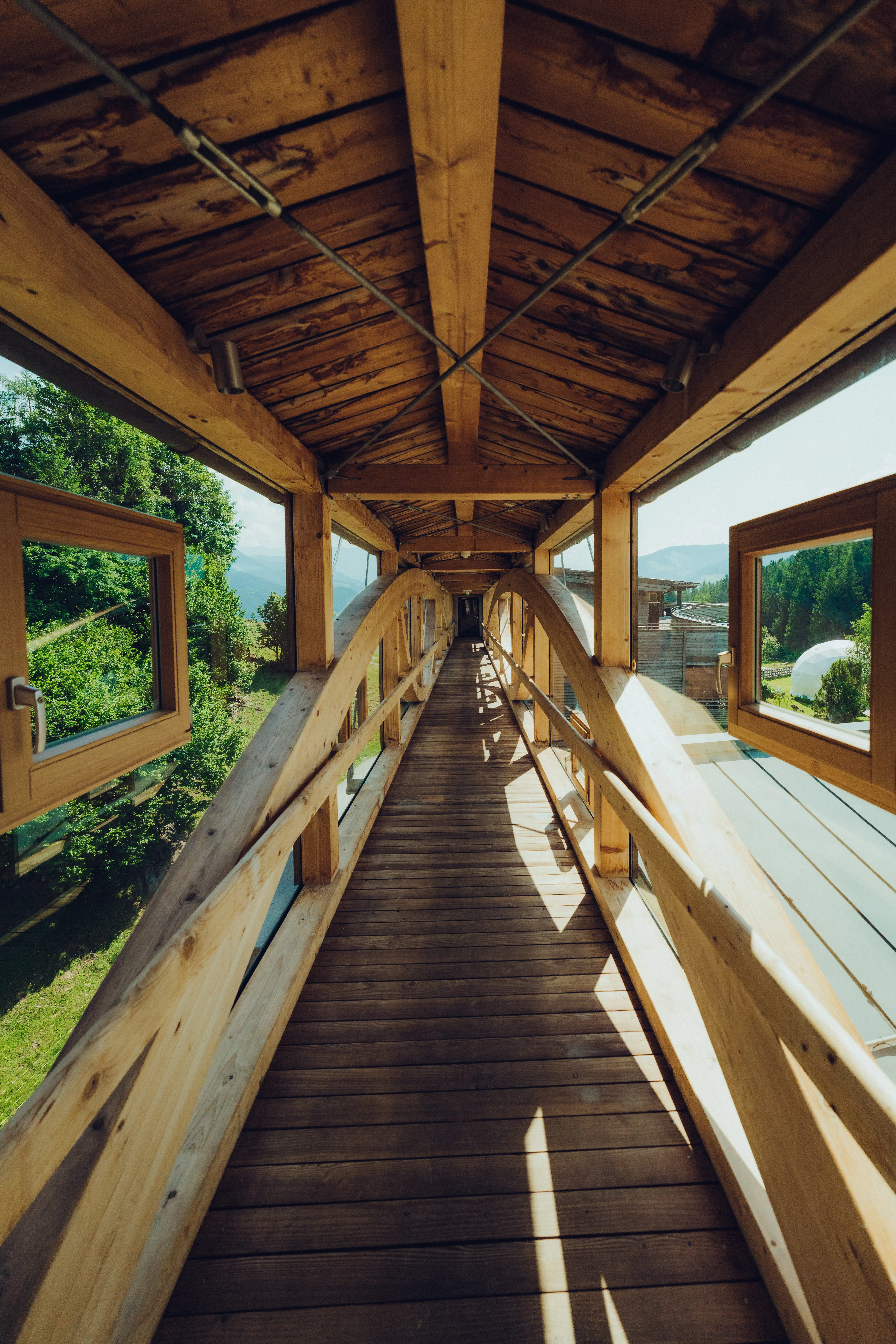 Holzbrücke mit Fenster, umgeben von Bäumen