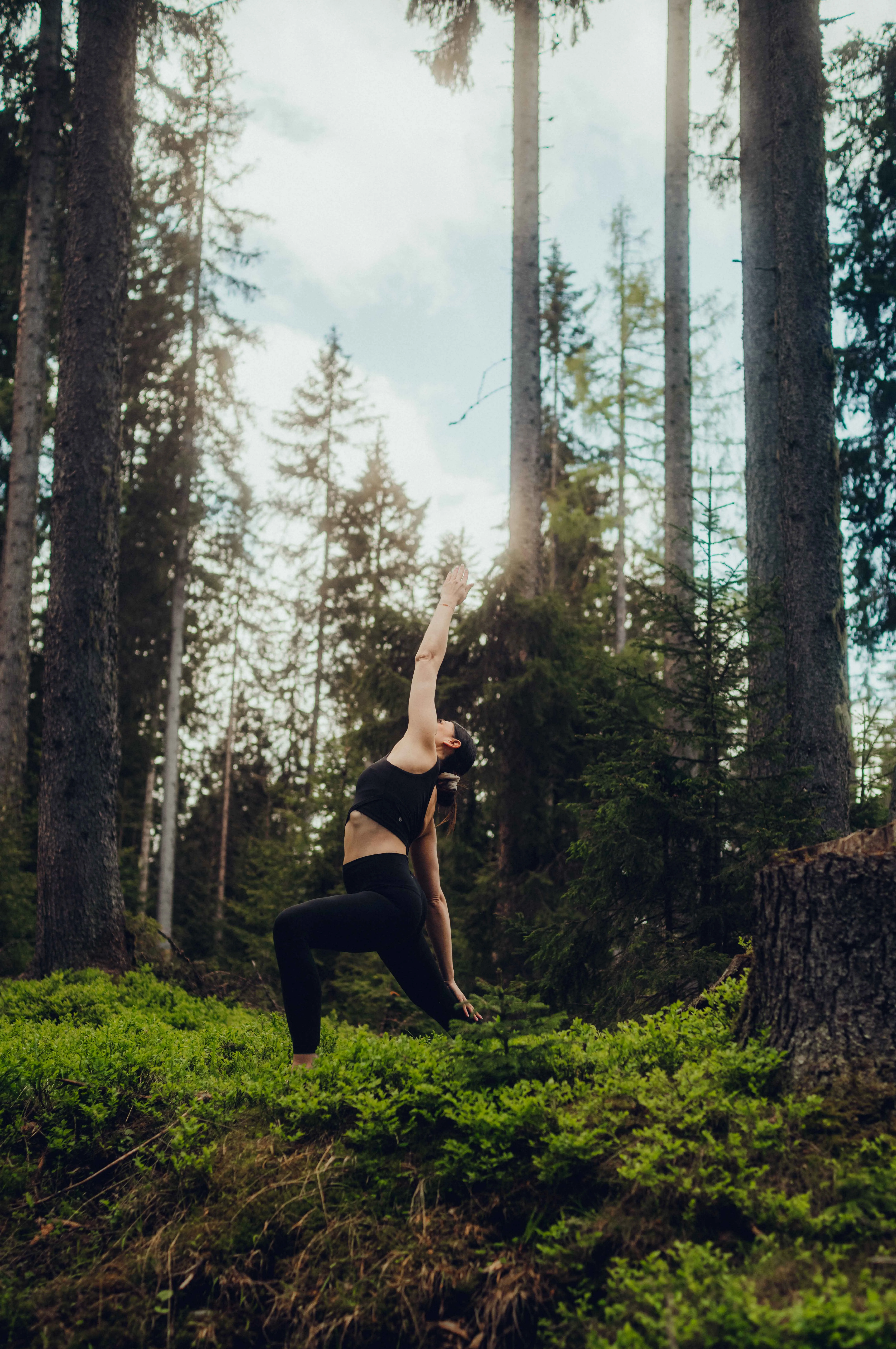 Frau macht Yoga zwischen hohen Bäumen im Wald.
